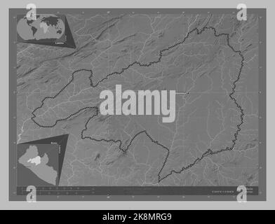 Bong, county of Liberia. Grayscale elevation map with lakes and rivers. Locations and names of major cities of the region. Corner auxiliary location m Stock Photo