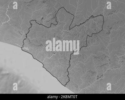 Grand Bassa, county of Liberia. Grayscale elevation map with lakes and rivers Stock Photo