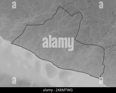 Grand Kru, county of Liberia. Grayscale elevation map with lakes and rivers Stock Photo