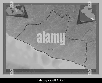 Grand Kru, county of Liberia. Grayscale elevation map with lakes and rivers. Locations and names of major cities of the region. Corner auxiliary locat Stock Photo