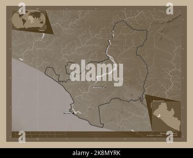 Montserrado, county of Liberia. Elevation map colored in sepia tones with lakes and rivers. Locations and names of major cities of the region. Corner Stock Photo