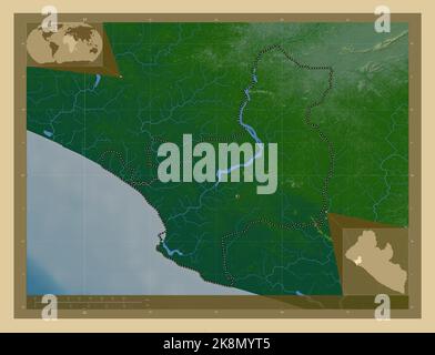 Montserrado, county of Liberia. Colored elevation map with lakes and rivers. Corner auxiliary location maps Stock Photo