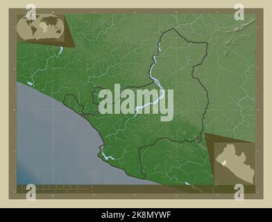 Montserrado, county of Liberia. Elevation map colored in wiki style with lakes and rivers. Corner auxiliary location maps Stock Photo