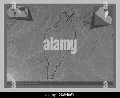 Nimba, county of Liberia. Grayscale elevation map with lakes and rivers. Locations of major cities of the region. Corner auxiliary location maps Stock Photo