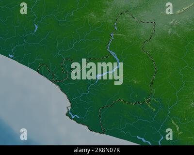 Montserrado, county of Liberia. Colored elevation map with lakes and rivers Stock Photo