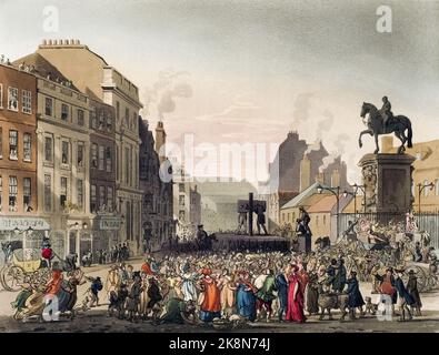 Pillory, Charing Cross.  Circa 1808.  After a work by August Pugin and Thomas Rowlandson in the Microcosm of London, published in three volumes between 1808 and 1810 by Rudolph Ackermann.  Pugin was the artist responsible for the architectural elements in the Microcosm pictures; Thomas Rowlandson was hired to add the lively human figures. Stock Photo