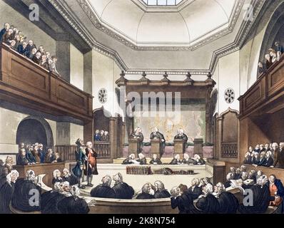 Court of Common Pleas, Westminster Hall.  Circa 1808.  After a work by August Pugin and Thomas Rowlandson in the Microcosm of London, published in three volumes between 1808 and 1810 by Rudolph Ackermann.   Pugin was the artist responsible for the architectural elements in the Microcosm pictures; Thomas Rowlandson was hired to add the lively human figures.