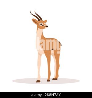 Elegant african antelope. Gazelle with horns on white background. Mammal animal. Vector illustration in flat cartoon style Stock Vector