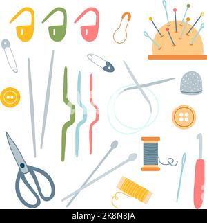 Knitting, tailor accessories in cartoon style. hand drawn handicraft set, crochet, needles, threads, buttons, pins, pincushion Needlework hobby tools Stock Vector