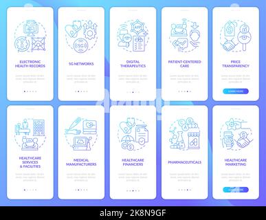 Medical sector trends blue gradient onboarding mobile app screen set Stock Vector