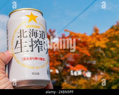 Kyoto, NOV 16 2013 - Close up shot of special edition of Sapporo beer at Arashiyama Stock Photo