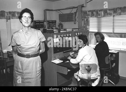 Husnes 19641003. The aluminum plant at Husnes is being built. The excavators change the landscape from day to day. Here from the telephone exchange that has been blown up after the plant came in swing. The phone ladies Amanda Hage and Hildegun Sunde are in a hurry. The manager, Lisebeth Onarheim (t.v.). Photo: Sverre A. Børretzen Current / NTB Stock Photo