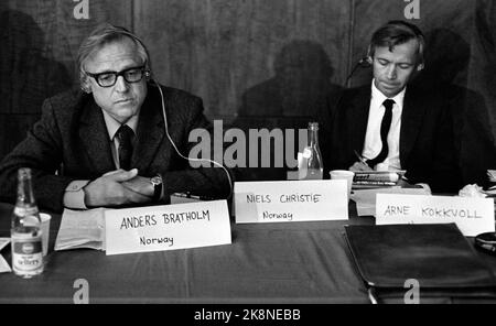 Oslo 19710624. Here Norway's Anders Bratholm (TV) and Arne Kokkvold during the meeting. Vietnam Tribunal in Oslo. The International Commission for investigating the US war in Indochina opens its second session in the People's House, with the Vietnam Movement in Norway as an organizer. A large number of internationally well -known politicians, scientists and lawyers participate. Photo: NTB / NTB Stock Photo