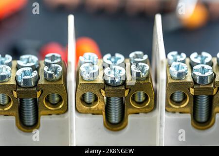Terminal blocks and distribution blocks, close up. Stock Photo