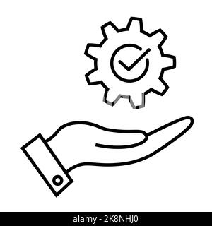 Cog with check mark on hand line icon in flat. Successful process symbol on white. Success sign with cog on hand. Execution, progress, development ico Stock Vector