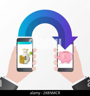 Mobile money transfer. Saving coins concept. Vector illustration Stock Vector