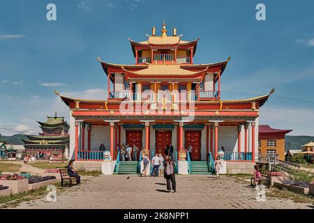 Tourists visiting buddhist temple in Ivolginsky datsan, Buddhist monastic complex, Buryatia,Russia Stock Photo