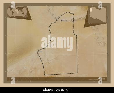 Nalut, district of Libya. Low resolution satellite map. Locations and names of major cities of the region. Corner auxiliary location maps Stock Photo