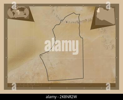 Nalut, district of Libya. Low resolution satellite map. Locations of major cities of the region. Corner auxiliary location maps Stock Photo