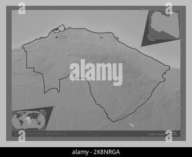 Tripoli, district of Libya. Grayscale elevation map with lakes and rivers. Locations and names of major cities of the region. Corner auxiliary locatio Stock Photo