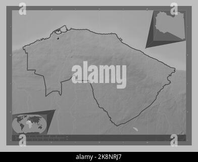 Tripoli, district of Libya. Grayscale elevation map with lakes and rivers. Corner auxiliary location maps Stock Photo