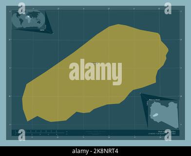 Wadi al Hayat, district of Libya. Solid color shape. Locations and names of major cities of the region. Corner auxiliary location maps Stock Photo