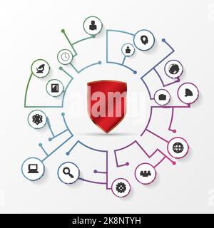 Network with shield. Security concept with icons. Vector illustration Stock Vector