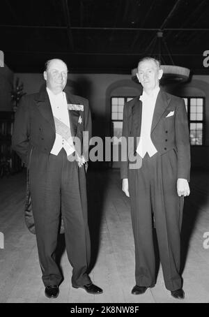 Oslo 19530702. Crown Prince Olav 50 years. Here from the government's dinner at Akershus castle. Crown Prince Olav (t.v.) is welcomed by Prime Minister Oscar Torp outside Akershus Castle. Photo: Jan Stage NTB / NTB Stock Photo