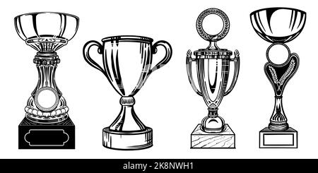 Sketch Set of cups and trophies hand drawn. Isolated on white background. Vector. Stock Vector