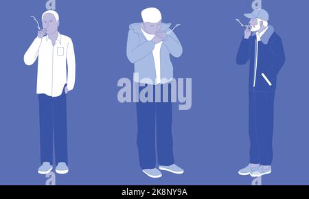 A vector illustration of three men smoking isolated on a blue background Stock Vector