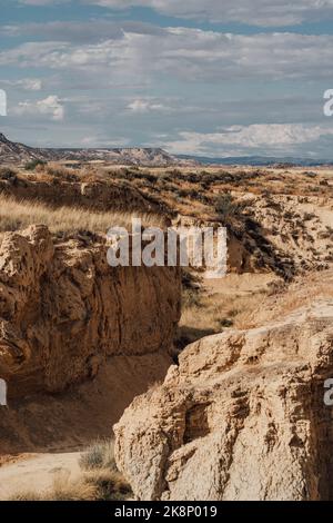A vertical shot of the Bardenas Reales semi-desert natural region, or badlands, in Navarre, Spain Stock Photo
