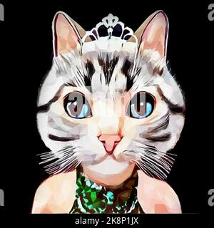 character pet cat with diadem. The cat is elegantly dressed in a green sequined dress. Cartoon vector in Low Poly Style. Stock Vector
