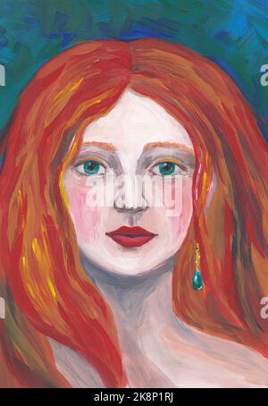 Portrait of a woman oil painting. Girl with green eyes and red hair abstract artwork. Impressionist art. Beautiful female face on blue green backgroun Stock Photo