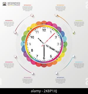 Modern infographic with colorful clock. Time management planning. Vector illustration Stock Vector