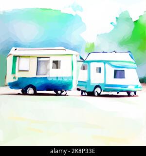 camping in the morning. Caravans made with watercolor. Copy Space. Vector in Low Poly Art. Stock Vector