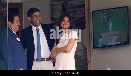 File photo dated 12/08/21 of Chancellor of the Exchequer, Rishi Sunak and his wife Akshata Murthy in the stands during day one of the cinch Second Test match at Lord's, London. It has today been announced that Rishi Sunak is the new Conservative party leader and will become the next Prime Minister. Issue date: Monday October 24, 2022. Stock Photo