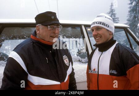 Sarajevo, Yugoslavia 1984-02. The Olympic Winter Games 1984. The picture: Combined. Tom Sandberg (NOR) wins combined on February 12, 1984. Here he is congratulated by King Olav. Photo: Erik Thorberg / NTB Stock Photo