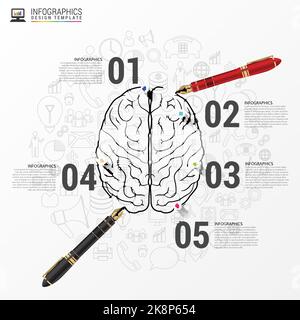 Brain infographic concept with pen. Vector illustration Stock Vector