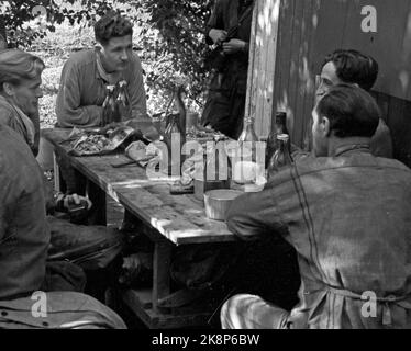 WW2 Oslo 19440924 Potato parcels at Bogstad. Food Some men take a break. Photo: NTB *** Photo not image processed ***** Stock Photo