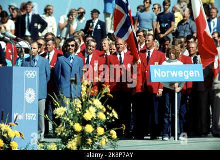 Kiel, Germany 1972. Summer Olympics in Munich. Crown Prince Harald participated in the Olympic team in sailing, which took place in Kiel. From the Olympic opening in Kiel, Crown Prince Harald is the flag bearer for the Norwegian squad. Ntb archive photo Stock Photo