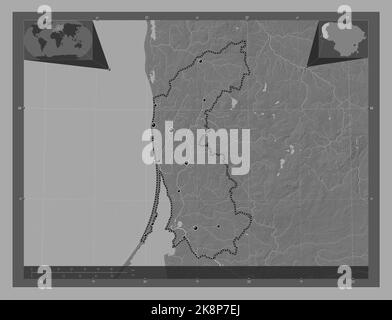 Klaipedos, county of Lithuania. Bilevel elevation map with lakes and rivers. Locations of major cities of the region. Corner auxiliary location maps Stock Photo