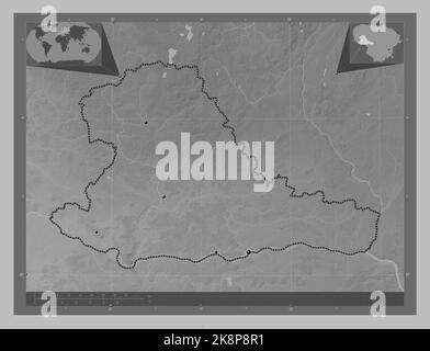 Taurages, county of Lithuania. Grayscale elevation map with lakes and rivers. Locations of major cities of the region. Corner auxiliary location maps Stock Photo