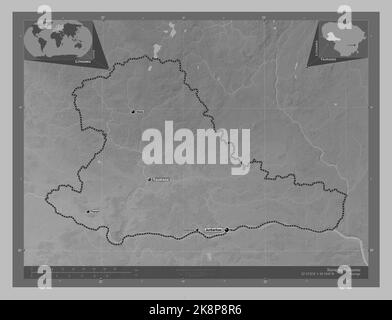 Taurages, county of Lithuania. Grayscale elevation map with lakes and rivers. Locations and names of major cities of the region. Corner auxiliary loca Stock Photo