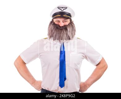 Bearded pilot smiling at camera, isolated on a white background Stock Photo