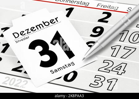 German calendar 2022 December 31 Saturday   New Years Eve  and Thursday Friday Stock Photo