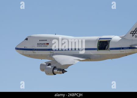 SOFIA, Stratospheric Observatory for Infrared Astronomy, modified Boeing 747-SP with registration N747NA shown flying. Stock Photo
