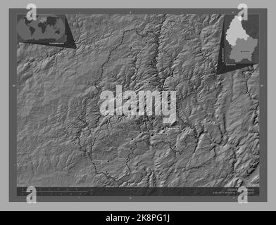 Diekirch, district of Luxembourg. Bilevel elevation map with lakes and rivers. Locations and names of major cities of the region. Corner auxiliary loc Stock Photo