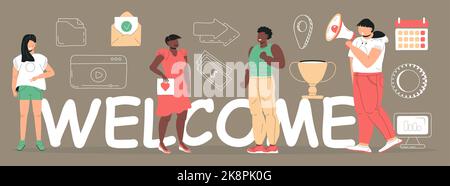 Welcome concept flat vector for website. Happy people stands near huge text. Office teamwork and are greeting clients in online office, shop, co Stock Vector