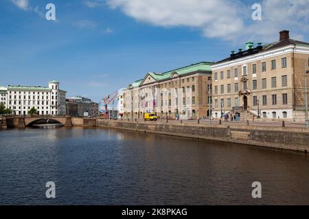 A view of historical buildlings on the shore of theRiver of Geats  in Gothenburg, Sweden Stock Photo