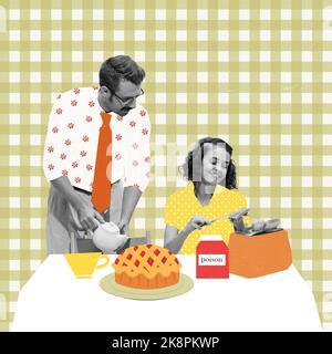 Contemporary art collage. Creative design in retro style. Beautiful woman, wife putting poinson on toast for her husband. Getting rid of each other Stock Photo